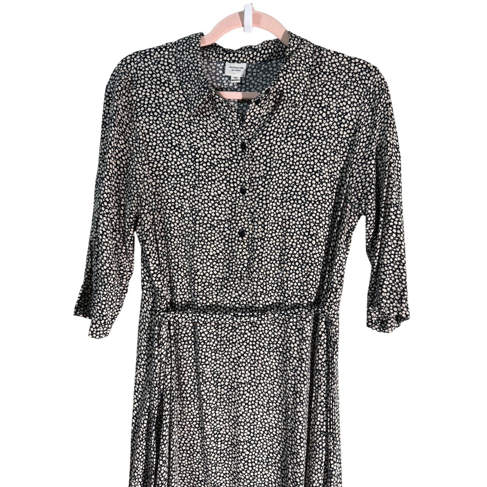 Jacqueline De Yong Dress Womens 8 Black Floral Maxi Shirt Dress‎ Belted Viscose